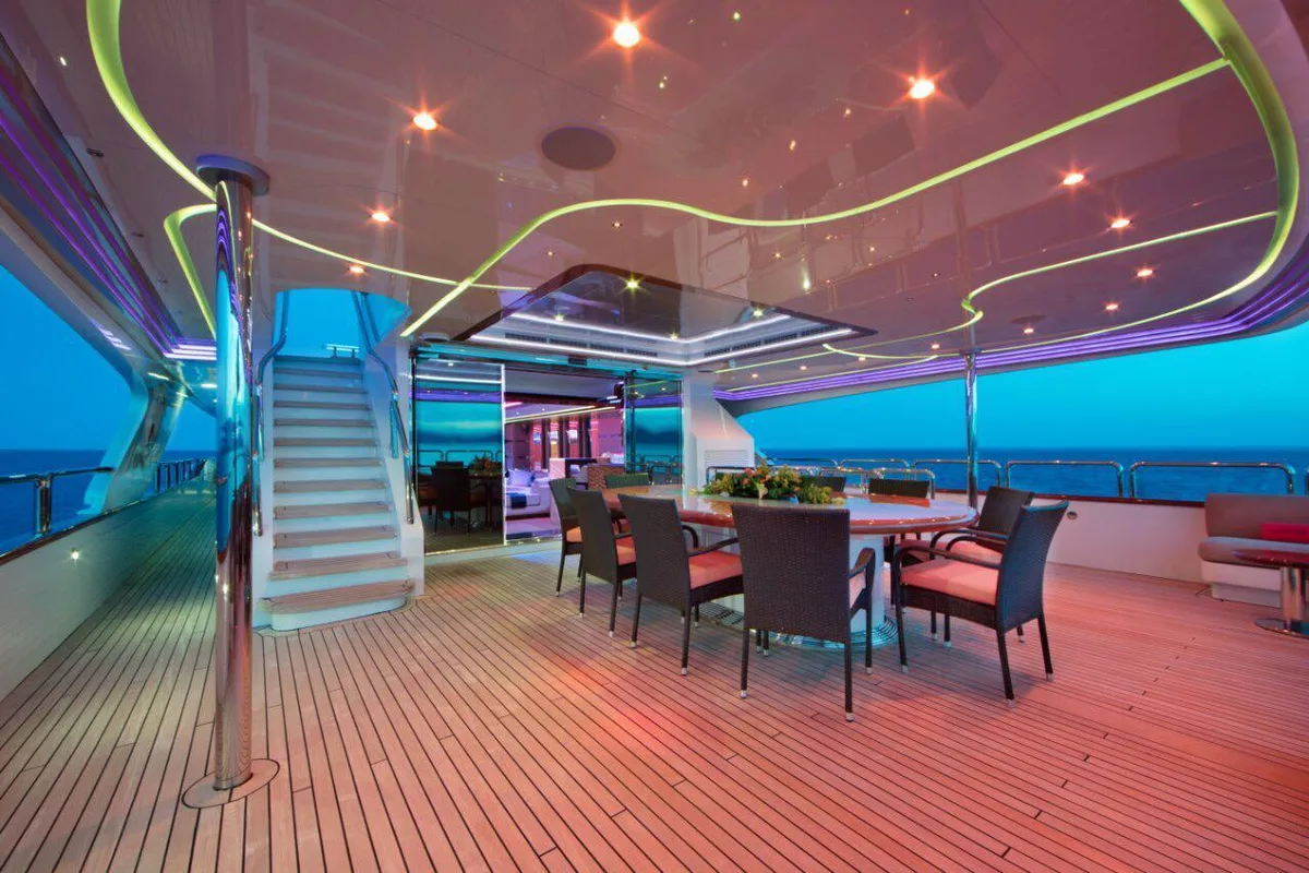 Al fresco dining deck on a luxury yacht charter Dubai
